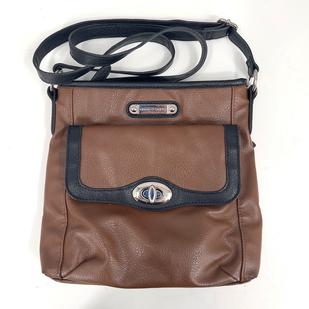 Franco Sarto Women Crossbody Bag Brown Black Pebbled Faux Leather Turn-lock OS